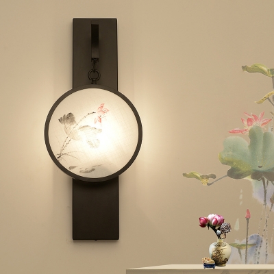 Flower/Bird Painting Tearoom Mural Lamp Fabric Chinese Style LED Wall Mount Lighting in Black