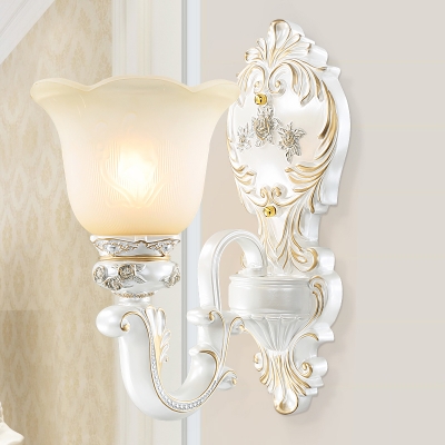 Flower Shade Parlour Wall Sconce Lamp Asia Style Opal Glass 1/2-Light White-Gold Wall Mount Light