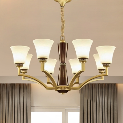 Gold Finish Bell Shade Up Suspension Light Countryside Milk Glass 6/8 Heads Living Room Chandelier