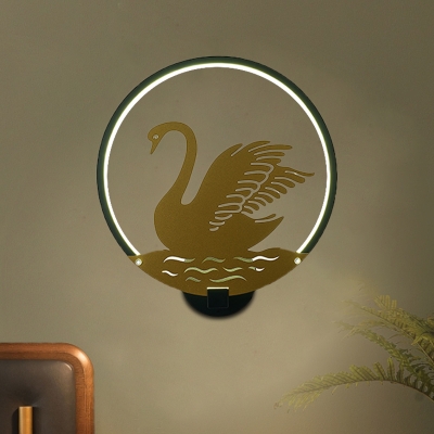 Gold Swan Wall Mural Lamp Asian Style LED Metallic Wall Mounted Light with White/Black Ring Detail, White/Warm Light