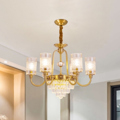 Layered Dining Room Pendant Lamp Traditional Crystal Prisms 6-Head Gold Chandelier with Cylinder Shade