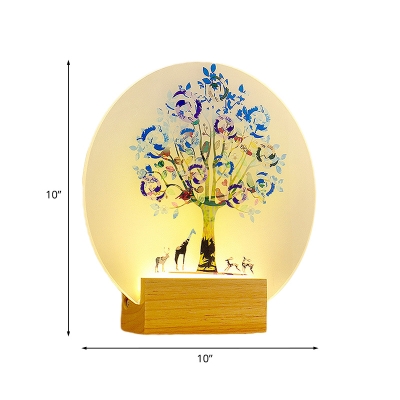 LED Bedroom Wall Mount Light Nordic Wood Mural Lamp with Animal and Tree Pattern Acrylic Shade