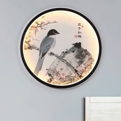 LED Bedroom Wall Mural Light Asian Style Black Sconce Lamp with Circle Narcissu/Plum Blossom and Bird Patterned Fabric Shade