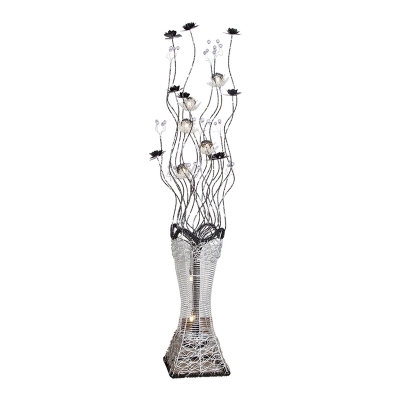 Lotus and Vase Aluminum Wire Floor Light Decorative Living Room LED Stand Up Lamp in Black-Silver
