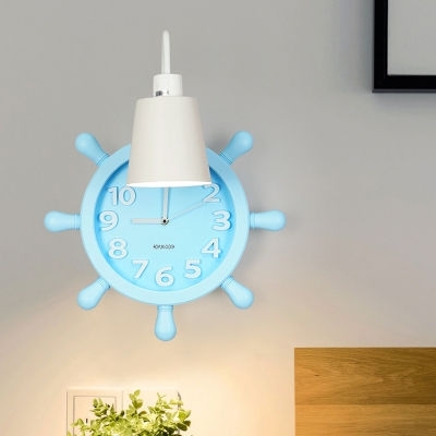 Mediterranean Cone Iron Wall Sconce Single-Bulb Wall Lamp with Rudder Clock Backplate in Pink/Blue