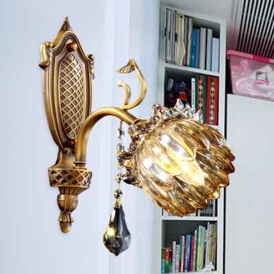 

Metal Branch Wall Light Fixture Mid-Century Single Brass Finish Wall Lamp with Flower Ruffle Glass Shade, HL644137