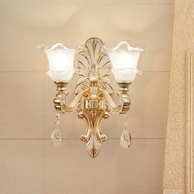 Mid-Century Flower Shape Wall Sconce Light 1/2-Head Ruffle Glass Wall Mount Lamp Fixture in Gold