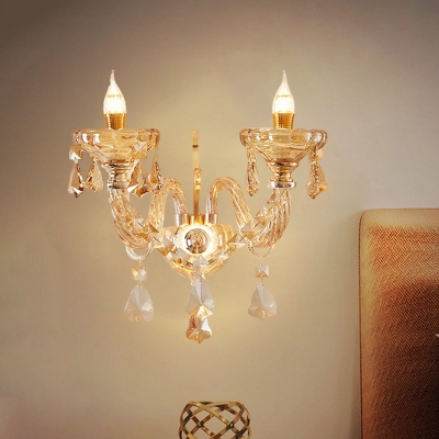 Modern Candle Style Wall Lighting Ideas 2 Heads Crystal Wall Mounted Lamp in Gold for Living Room