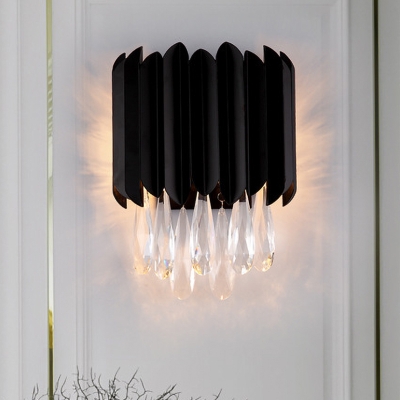 Modern Geometric Wall Sconce Lighting Metal 2 Bulbs Bedside Wall Lamp Fixture with Crystal Droplet in Black