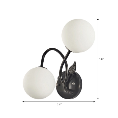 Modernist Sphere Wall Sconce Lighting 2 Bulbs White Frosted Glass Branch Wall Mount Lamp in Black