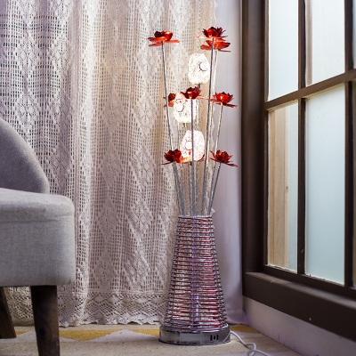 Red Lotus and Vase Stand Up Lamp Art Deco Aluminum Wire LED Bedroom Floor Standing Light