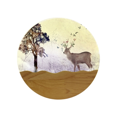 Round Acrylic Sconce Lighting Asian Style LED Wood Wall Mural Lamp with Elk and Tree Pattern