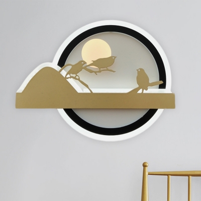 Round Acrylic Wall Sconce Lighting Asian LED Gold Wall Mural Lamp with Tree and Bird Pattern