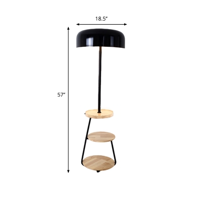 Round Bedside Reading Floor Lamp Iron 1 Head Nordic Floor Standing Light with 3-Layer Wood Table in Black