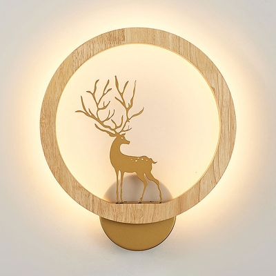 Sika Deer Bedside Mural Lamp Wooden Nordic Style LED Wall Mount Light with Beige/Black Circle