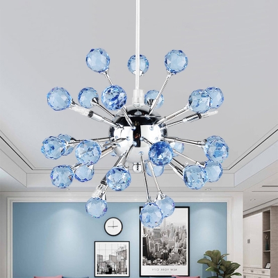 Urchin Blue Crystal Orbs Drop Lamp Modern Stylish 6 Heads Dining Table Pendant Chandelier