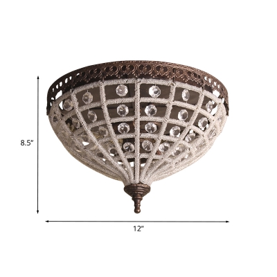 Vintage Domed Cage Flushmount Lamp 2-Light Crystal Bead Flush Ceiling Light Fixture in Bronze