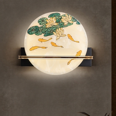 White Glass Round Wall Mount Lighting Asian LED Black-Gold Mural Lamp with Elk/Fish and Lotus Pattern