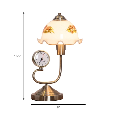 1 Bulb Printed Glass Desk Lamp Antiqued Brass Finish Scalloped Study Room Table Light with Clock Deco