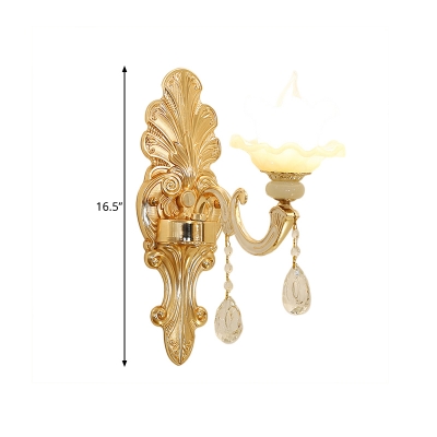 1-Light Double Layer Ruffle Sconce Traditional Gold Milk Frosted Glass Wall Lighting with Carved Backplate