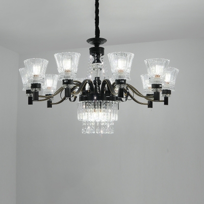 13-Bulb Horn Shaped Up Chandelier Vintage Black Crystal Hanging Ceiling Light for Living Room