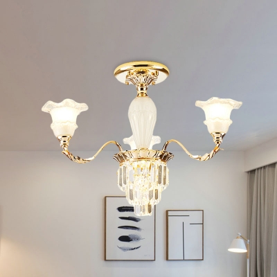 3/6 Heads Crystal Semi Mount Lighting European Style Gold Flower Shade Bedroom Flush Light Fixture