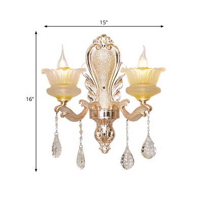 2 Bulbs Floral Sconce Lighting Traditional Gold Frosted Glass Wall Mount Light Fixture with Dangling Crystal