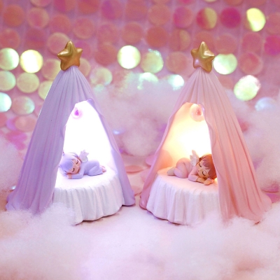 Kids Cone Tent Resin Night Lamp Mini LED Table Light with Sleeping Angel in Pink/Purple