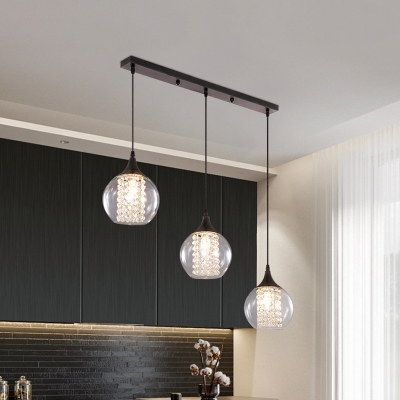 3-Bulb Clear Ball Glass Hanging Lamp Modern Black Round/Linear Kitchen Cluster Pendant with Crystal Tassel Inside