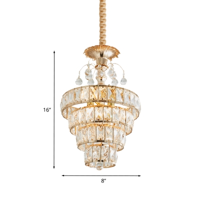 3-Tier Crystal Block Hanging Light Kit Modern 1 Light Gold Finish Suspension Lamp