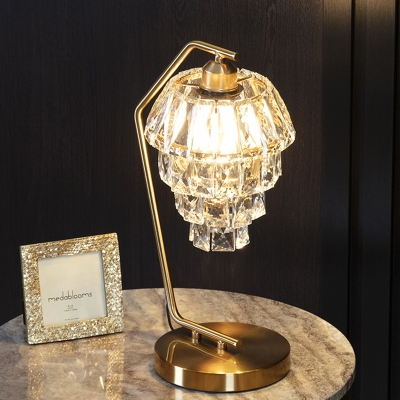 4-Tier Crystal Block Table Lamp Mid-Century 1 Head Living Room Nightstand Light with Brass Bent Arm