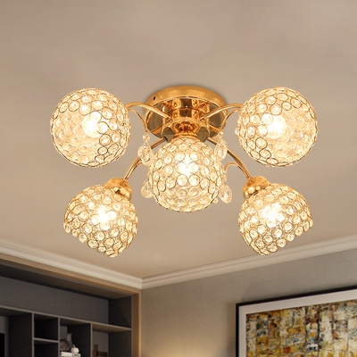 5-Head Dome Semi Flush Light Fixture Traditional Gold Crystal Inserted Ceiling Mounted Lamp