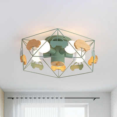 5-Light Bedroom Semi Flush Chandelier Macaron Pink/Grey/Green Ceiling Mount Lamp with Pentagon Metal Cage and Wood Car Decor