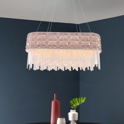6-Bulb Elliptical Island Light Fixture Modern Grey Crystal Hanging Pendant with Fringe