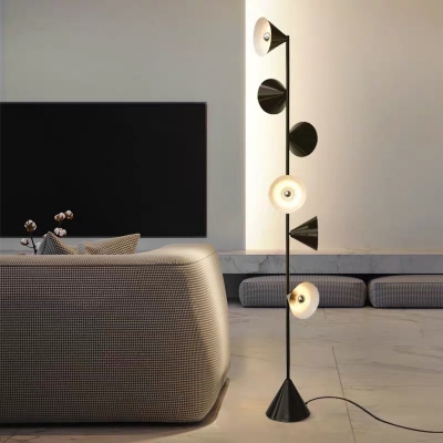 6 Lights Living Room Tree Floor Light Modern Black Finish Stand Up Lamp with Cone Metal Shade