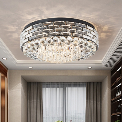 7-Head Living Room Ceiling Flush Modern Black Flush Mounted Light with Drum Faceted Clear Crystal Shade