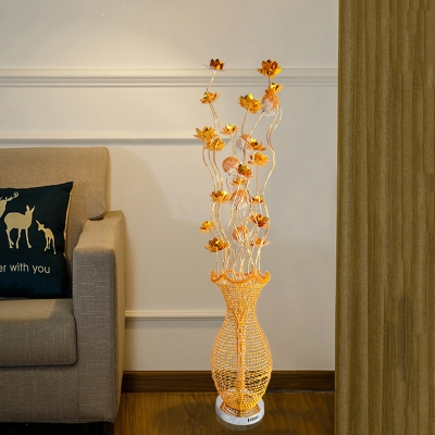 Aluminum Wire Gold Finish Stand Lighting Lotus and Vase Art Deco Style LED Floor Lamp