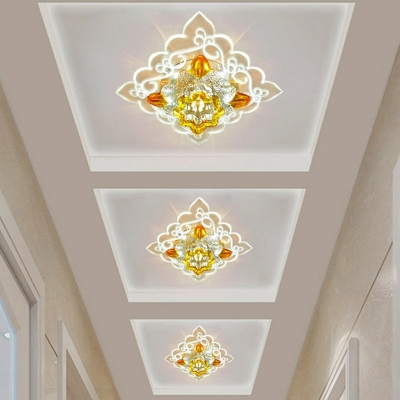 Amber Crystal Flower Flushmount Lamp Contemporary LED Flush Mounted Light Fixture for Hallway