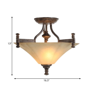 Amber Glass Coffee Semi Flush Mount Conic Shade 3 Heads Vintage Ceiling Lamp Fixture