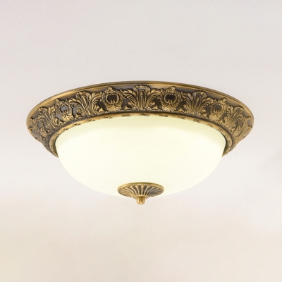 Antiqued Bowl Shade Flush Lamp Fixture Milky Glass LED Ceiling Mounted Light in Brass, 12