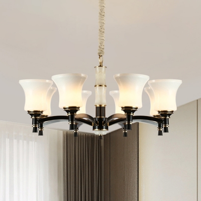 Bell Shade Opal Glass Pendant Chandelier Country 6/8-Light Living Room Suspension Lamp in Black