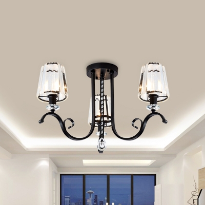 Black 3/7-Head Close to Ceiling Light Contemporary Crystal Conical Semi Flush Mount Chandelier for Bedroom
