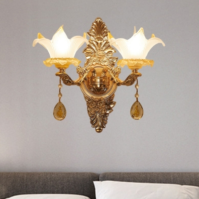 Blossom Frosted Glass Wall Lighting Countryside 1/2-Head Living Room Wall Sconce Light in Gold