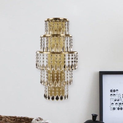 Brass 5-Light Wall Sconce Postmodern Crystal Droplets Multi-Tiered Wall Light Kit