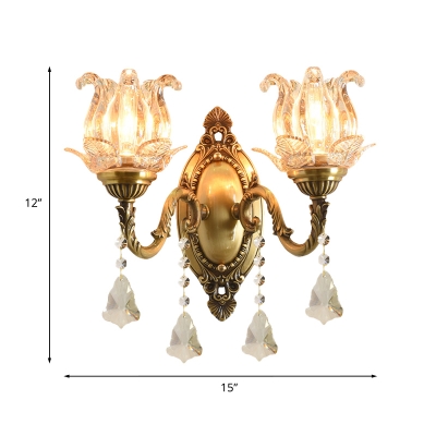Brass Finish 1/2-Light Wall Mounted Lamp Mid Century Clear Ruffle Glass Floral Wall Lighting