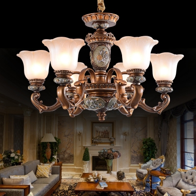 Brown 6/8 Bulbs Up Suspension Light Antiqued Frosted White Glass Floral Shade Hanging Chandelier