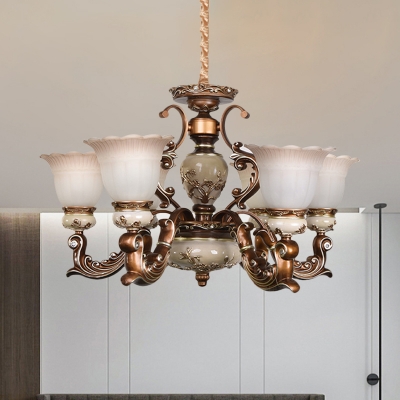 Brown 6/8-Head Up Ceramics Hanging Light Traditional Opal Glass Flower Shade Chandelier Pendant Lamp