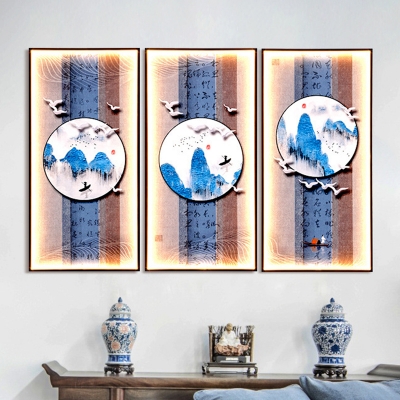 Calligraphy and Lake Scenery Mural Lamp Chinese Style Acrylic Blue LED Wall Mount Light Fixture for Parlor
