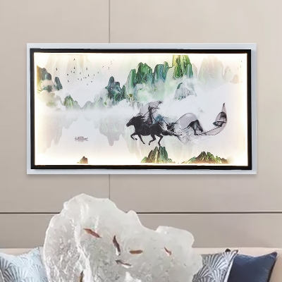 Chinese Landscape Painting Mural Lamp Asia Metal Parlor LED Wall Mount Light Fixture in Black