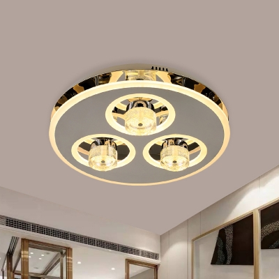 Circular Stainless Steel Flush Mount Simple Bedroom LED Ceiling Light in Nickel with Crystal Shade